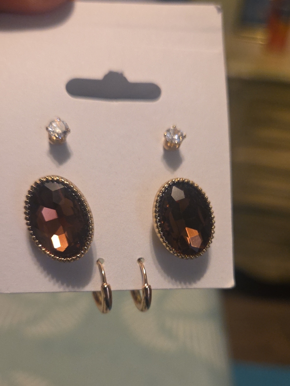 New Set Of 3 Gold-Tone Brown Faceted Oval Earrings